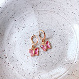 gold filled butterfly hoop- pink